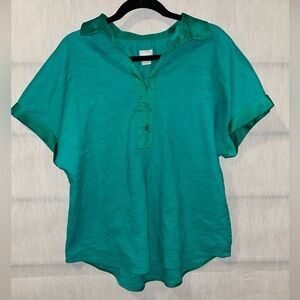 Chicos Top Womens 2 Teal Linen W/satin Type Accent Boho Button Casual Blouse